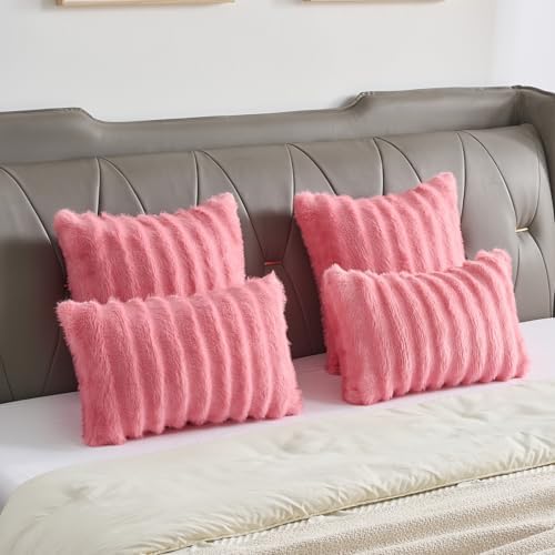 FUTEI Pack of 2 Faux Mink Fur Throw Pillow Covers 22x22 Inch, Cherry Pink - Image 6