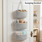 TeoKJ Over the Door Hanging Basket, 3-Tier Woven Cotton Wall-Mounted Storage Organizer Bag Decorative Hanging Nursery Baskets, Gray - Image 4