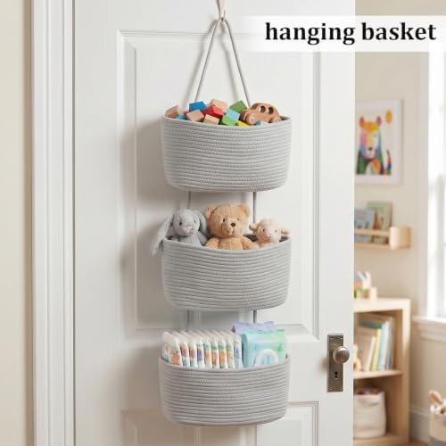 TeoKJ Over the Door Hanging Basket, 3-Tier Woven Cotton Wall-Mounted Storage Organizer Bag Decorative Hanging Nursery Baskets, Gray - Image 4