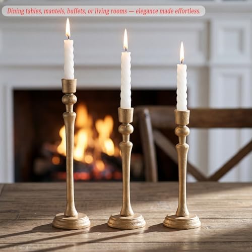 Gold Candlestick Holders,Antique Brass Iron Taper Candle Holder Set of 3 - Image 5