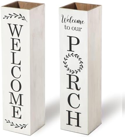 Glitzhome Sets 2 Wooden Welcome Porch Sign, Rustic Double Sided Box-shaped "WELCOME, PORCH" Porch Sign for Front Porch Decor, White, 30"H by Glitzhome