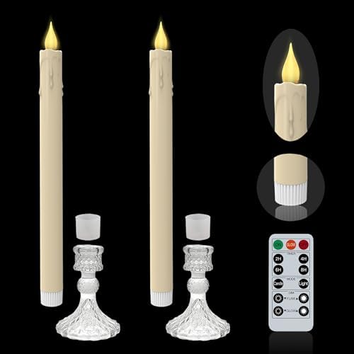 Flameless Taper Candles with Illuminated Glass Candle Holder, Remote Timer 2AA Battery Operated 500+ Hours for Thanksgiving/Xmas Decor, Wedding Centerpiece, Ivory, 2 Pack - Image 3