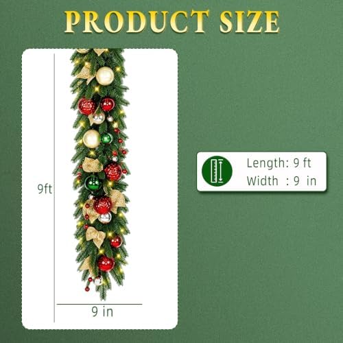 Hykolity 9 FT Pre-Lit Christmas Garland with 80 Warm White LED Lights and Timer, Battery Operated Artificial PE & PVC Garland with Multicolor Ornaments and Gold Glitter Leaves for Mantel and Staircase - Image 3