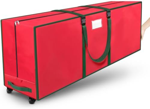 BlessedSeason Christmas Tree Storage Bag, Rolling Storage Bag with 1.6-Inch Wheels for Easy Transport, Up to 9 ft For Disassembled Holiday Tree, Zippered Bag, Length-Adjustable Handles, Red by Unknown