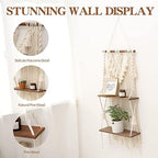 2-Tier Macrame Wall Hanging Shelf & Boho Decor, Wooden Floating Shelves - Image 3