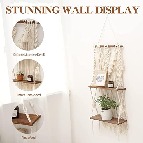 2-Tier Macrame Wall Hanging Shelf & Boho Decor, Wooden Floating Shelves - Image 3