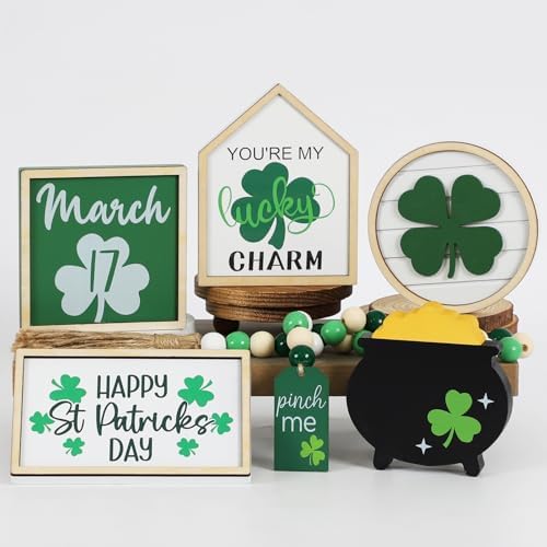 Joyseller St. Patrick's Day Decorations | 6PCS St. Patrick's Day Tiered Tray Decor | Luck Shamrock Wooden Signs Irish Decor | Happy Saint Patrick’s Centerpiece for Home Table Shelf Party by Joyseller