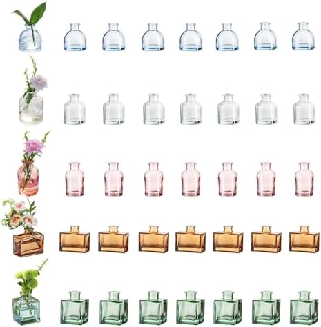 Glasseam Mini Bud Vases in Bulk 40: Colored Small Flower Vases for Centerpieces, Cute Tiny Glass Table Centerpiece for Flowers - Modern Wedding Decorations for Living Room Kitchen Baby Showers by Glasseam