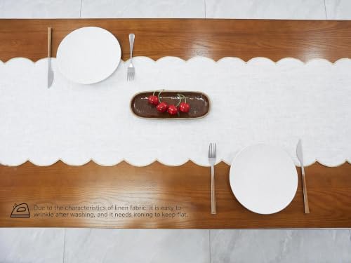 100% Natural Linen Rustic Scalloped Embroidery Table Runner 144 Inches Long, Linen Table Runner 14 x 144 Inch for Dresser and Dining Tables Decor, 12-14 Sets, 14x144'' White(Edges-Gold) - Image 5