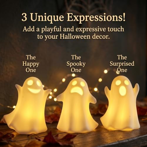 Ceramic Ghost Decor, Light Up Ghost Figurines for Halloween with Timer - Image 3