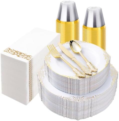 Bestluck 350PCS White and Gold Plastic Plates for 50 Guests, Disposable Dinnerware Set Includes 100 Disposable Plates, 150 Gold Silverware, 50 Cups, 50 Napkins for Party, Wedding by Bestluck