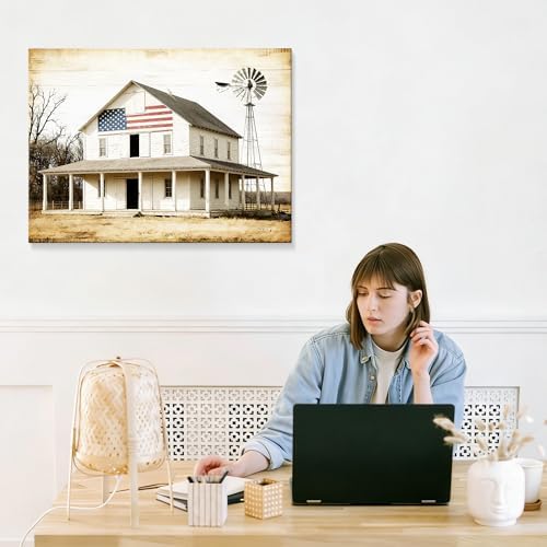 July 4th Patriotic Canvas Wall Art 4th of July USA Decorations Rustic Old Barn Artwork American Flag Painting Independence Day Home Decor 24x32in - Image 7