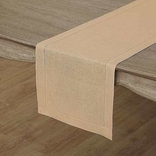 Solino Home 100% Pure Linen Dining Table Runner Beige Hemstitch, 14 x 60 in - Image 2