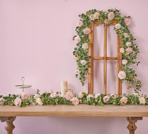 Anna's Whimsy 2PCS 5.91FT Artificial Eucalyptus Garland with Flowers, Fake Rose Gypsophila Garland, Faux Floral Garlands Greenery for Wedding Spring Home Party Table Runner Decor (Pink) - Image 5