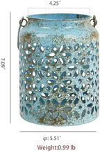 Vintage Metal Candle Lanterns with Handle Rustic Distressed Blue Decorative Candle Holder with Floral Cut-Out Design for Home, Garden, Patio, Porch, Parties, Weddings Decor - Image 2