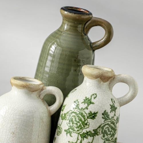 Vintage Vase Set of 3 with Handle, Ceramic Vintage Rustic Vases Home Decor Farmhouse Decorative Vase Pottery Decor Modern for Table Mantel Entryway Bookshelf Living Room Kitchen Bedroom - Green - Image 3
