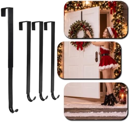 4 Pack No-Drill Over Door Hooks for 15-25" Doors, Heavy-Duty Metal with Shock-Absorbing Pads. Holds Towels, Coats, Bags & Seasonal Wreaths, Ideal for bathrooms, entryways and Front Doors. by Unknown