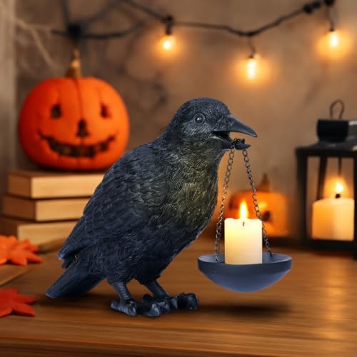 Gothic Home Decor Raven Lamp Tealight Candle Holder Halloween Decorations Indoor Fake Crow Light Holder Resin Black Bird Statue for Living Room Fireplace Entrance Holiday Spooky Ornaments - Image 2