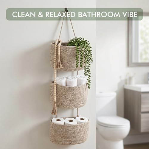 Wall Hanging Rope Baskets 3-Tier Boho Organizers(Flax Brown & Black, Large) - Image 6