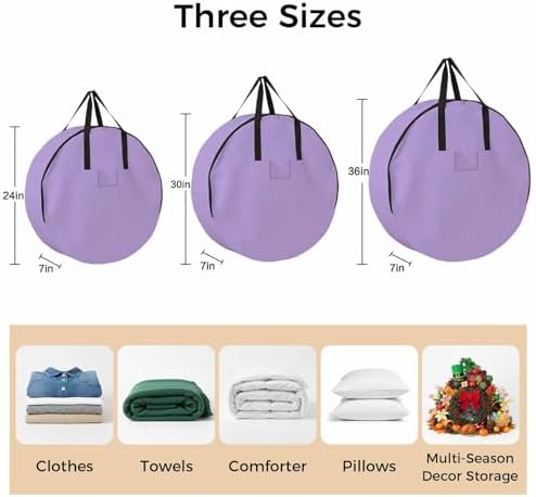 24 Inch Round Storage Bag 2 Pack,Purple Watercolor Solid Color Waterproof Wreath Storage Container with Handles&Zipper Minimalist Style Closet Organizer Bags Garland Box - Image 7