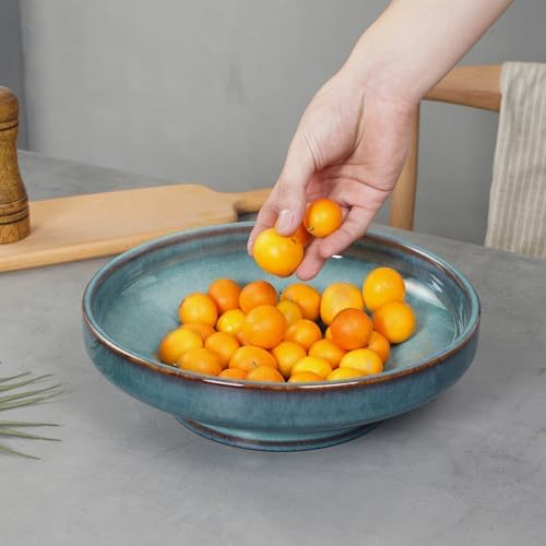 Ceramic Fruit Bowl for Kitchen Counter,Decorative Pedestal Bowl for Table Countertop,Large Footed Serving Bowl,10.2 Inch (Blue) - Image 2