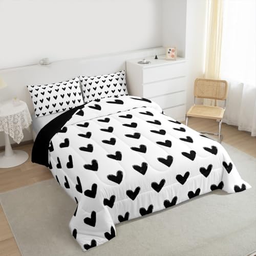 Love Comforter Set King White and Black Heart Pattern Bedding for Women Men Teens Valentine Day Gift Down Comforter Cartoon Love Heart Quilted Duvet Geometric Soft Warm Bedding Sets Bedroom Decor - Image 3