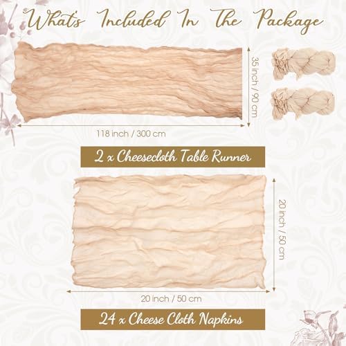 2 Cheesecloth Table Runners and 24 Napkins Set 10 FT Boho Cheese Cloth Table Runners 20 x 20 Inch Rustic Wrinkled Gauze Napkins for Wedding Birthday Baby Shower Party Decor (Champagne) - Image 2