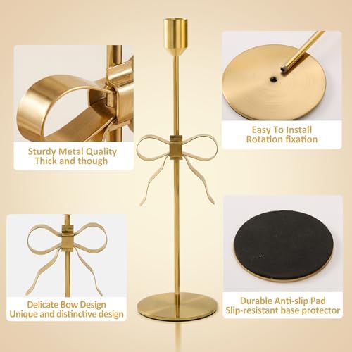 Bow Candle Holder - Set of 3 Metal Gold Bow Candlestick Holder, Modern Decorative Taper Candle Holder for Centerpiece Dining Table Wedding Holiday Housewarming Gift, Gold Finish (Style1-Gold) - Image 5