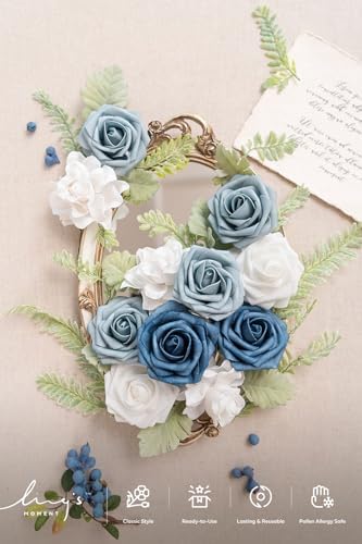 Ling's moment Fake Flowers Box, Dusty Blue & Navy & White Grand Combo - Image 4