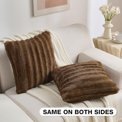 FUTEI Pack of 2 Faux Mink Fur Throw Pillow Covers 24x24 Inch, Brown - Image 4