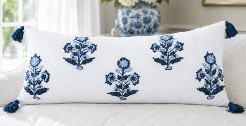 Blue Floral Hand Embroidered 14x36 Lumbar Pillow Cover, Ivory by YugTex