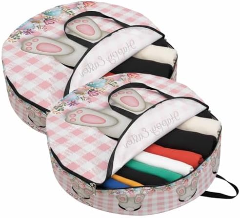24 Inch Round Storage Bag 2 Pack,Funny Rabbits Butt Colorful Easter Eggs Waterproof Wreath Storage Container with Handles&Zipper Pink White Buffalo Tartan Closet Organizer Bags Garland Box - Image 2