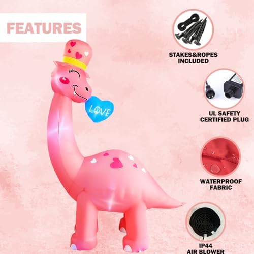 BLOWOUT FUN 8 Ft Valentine's Day Inflatable Dinosaur Light Up Decoration Blow Up Brachiosaurus for Birthday Wedding Anniversary Party Decor - Image 5
