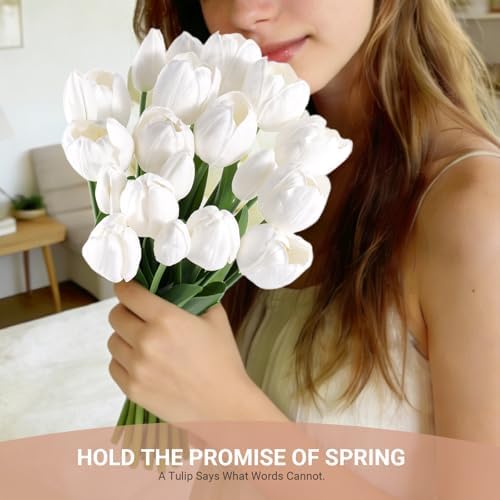 20 Pcs Fake Tulips Flowers 16" Tall, Realistic Touch Leaves, Bottle Tulip Artificial Plants Indoor for Home Decor Small Office Home Living Room-Vase Not Include -White - Image 6
