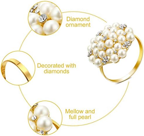 Hotop 200 Pcs Gold Napkin Rings Pearls Round Flower Napkin Buckles - Image 6