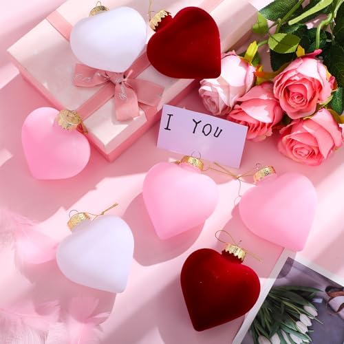 Moucuny 24 Pcs 3.15 Inch Valentines Day Ornaments for Tree Large Hanging Heart Ornaments Heart Shaped Tree Baubles Velvet Ball for Party Wedding Anniversary Mothers Valentine Decor, Pink, Red, White - Image 4