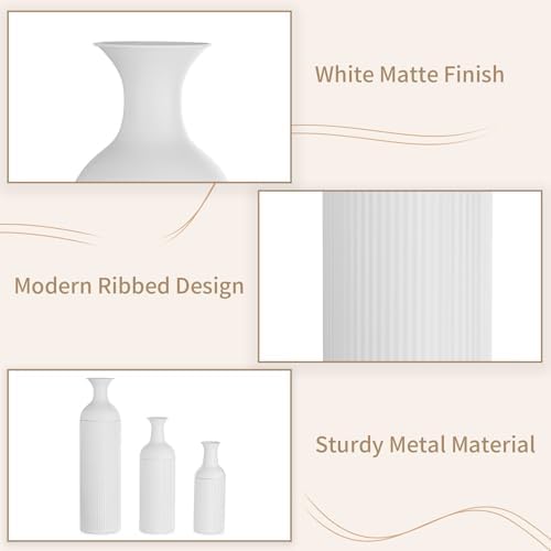 Sziqiqi White Modern Tall Floor Vase, Ribbed Metal Standing Decor, 3Pcs - Image 4
