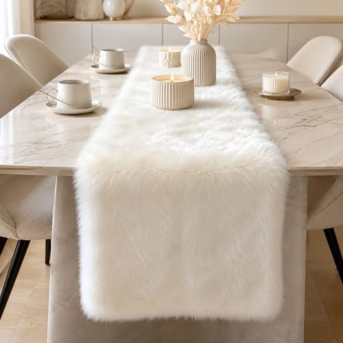 White Faux Fur Table Runner Fluffy Soft Luxury Table Decor for Christmas Thanksgiving Wedding Birthday Party Banquet Wedding Dining Table 11.8x70.8inch by Frimievy