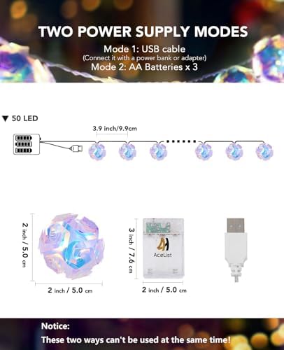 AceList 50 LED Holographic Iridescent String Lights, 16.4Ft Enchanting Disco Ball String Lights– USB&Battery Powered Fairy Lights Iridescent Party Decorations for Home, Classroom, Birthday, Christmas - Image 2
