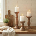 BANOMII Rustic Wooden Pillar Candle Holders Set of 3, 12'' 9'' 6'' Farmhouse Wood Candle Stand for Table Centerpieces, Vintage Tall Candleholders Fireplace Mantel Decor for Living Room, Brown - Image 3