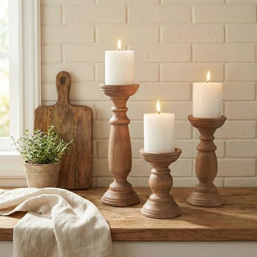 BANOMII Rustic Wooden Pillar Candle Holders Set of 3, 12'' 9'' 6'' Farmhouse Wood Candle Stand for Table Centerpieces, Vintage Tall Candleholders Fireplace Mantel Decor for Living Room, Brown - Image 3