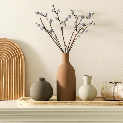 Vase Set of 3 | Ceramic Neutral Vases Home Decor | Rustic Flower Pottery Vases Modern Farmhouse Vase for Table Entryway Mantel Centerpiece Bookshelf Living Room Bathroom Bedroom -Brown Large - Image 6