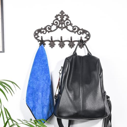 Sungmor Cast Iron Rustic Coat Hook Hanger with 5 Hooks - Practical Iron Storage Organizer/Wall Hooks Hanging Rack - Pretty Pattern Charming Wall Decor for Keys Clothes Hats - Image 3