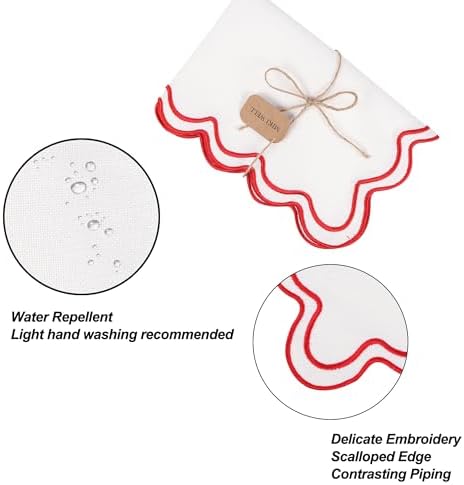 Set of 6 Cotton Linen Placemats, 13''x 19'' Wavy Embroidery Scalloped Placemats Washable Rustic Dinner Waterproof Table Mats (red) - Image 5