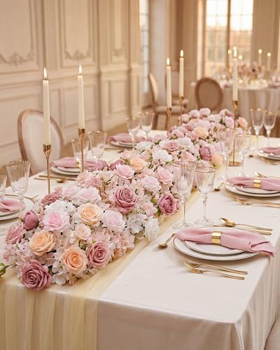 72inch Aisle Flower Garland with Chiffon Sheer Drape, Pastel Pink & White Rose with Sakura Artificial Flowers, Floral Runner for Wedding Arch, Backdrop, Reception Table Decor, Ceremony Pathway - Image 4