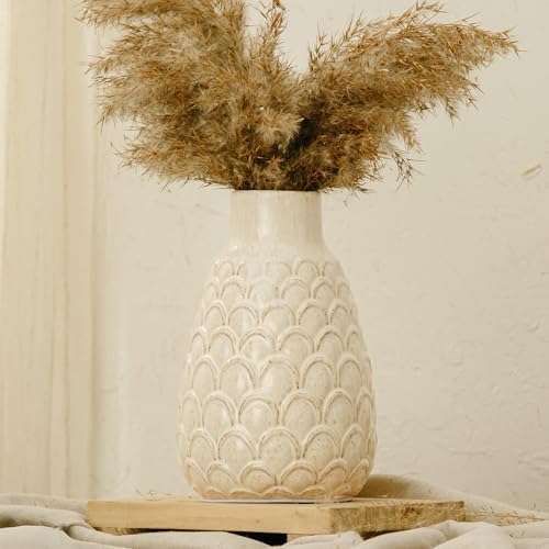 Ceramic Flower Vase, 9.06” Rustic Farmhouse Decorative Vase for Home Decor, Beige Textured Pottery Vase for Pampas Grass, Living Room, Entryway, Mantel, Kitchen Table, Centerpiece - Image 4