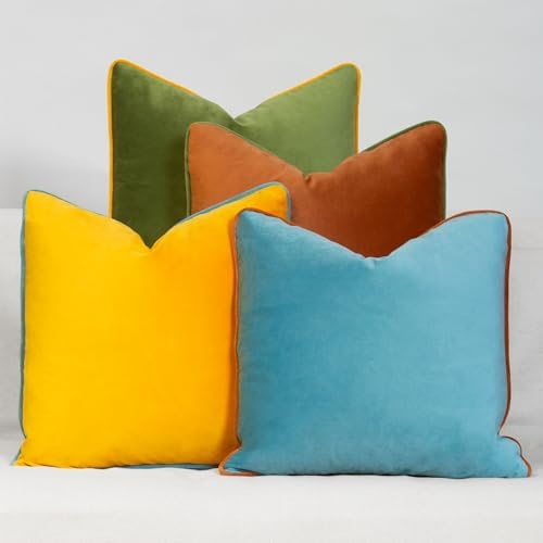 Warm Jewel Tone Soft Velvet Decorative Throw Pillow Covers, 4 Pack, 18x18 Inch Rust Mustard Yellow Green Blue Accent Pillow Covers by Unknown