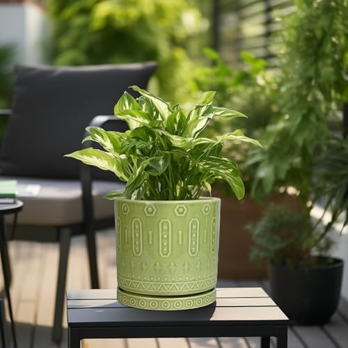 Eightpot Ceramic Pot for Plants - 10 Inch Indoor Plant Pots with Drainage Holes and Saucer, Boho Round Planter Outdoor, Decorative Large Planter for Flower, Living Room Decor, Garden Gifts, Green - Image 7
