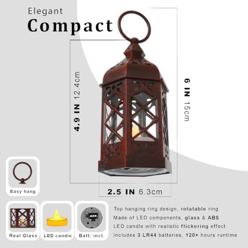 12Pcs Mini Moroccan Lanterns (Brushed Red) with LED Candle - Hanging Vintage Small Lanterns for Ramadan, Wedding, Easter, Christmas, Churches - Table Centerpieces & Medieval/Themed Decor - Image 2
