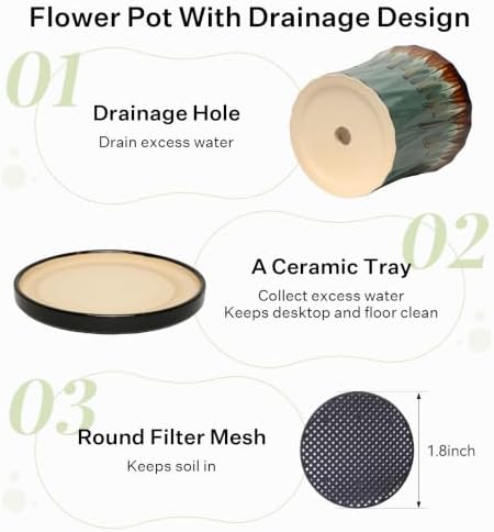 10 Inch Ceramic Planters with Drainage Hole and Saucer,Indoor Outdoor Large Flower Pots, Garden Pot for Plant Lovers (Drip Blue) - Image 4